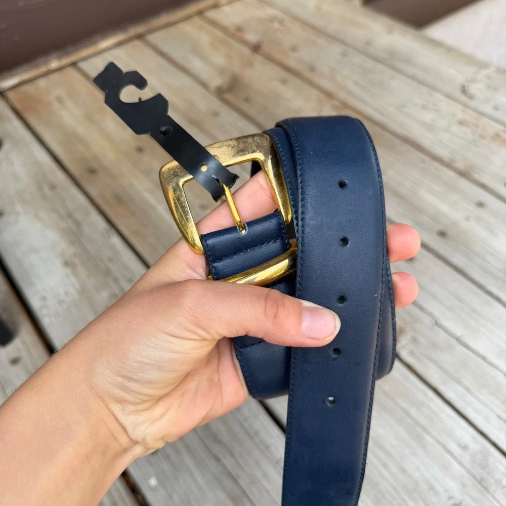 Jacqueline Ferrar Leather Belt Womens Large Navy Blue Gold Buckle Made In Italy